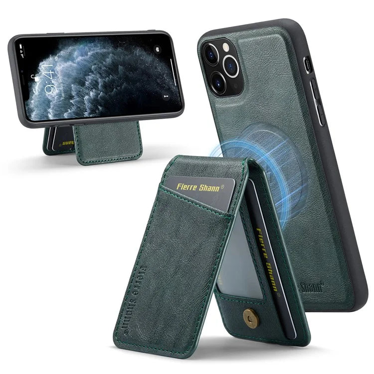 FIERRE SHANN 025 Style For iPhone 11 Pro Max Case Leather Back Cover Magnetic Card Holder RFID Blocking