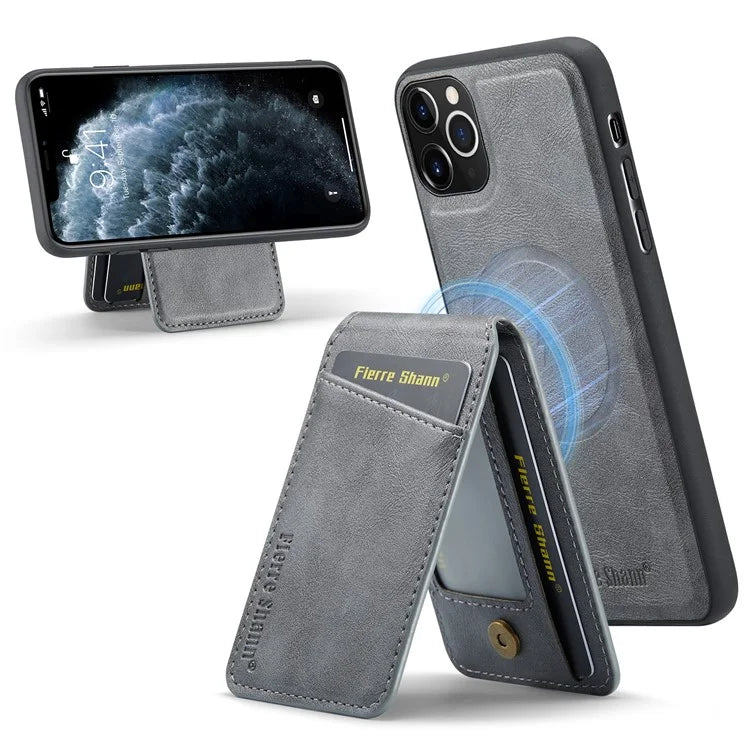 FIERRE SHANN 025 Style For iPhone 11 Pro Max Case Leather Back Cover Magnetic Card Holder RFID Blocking