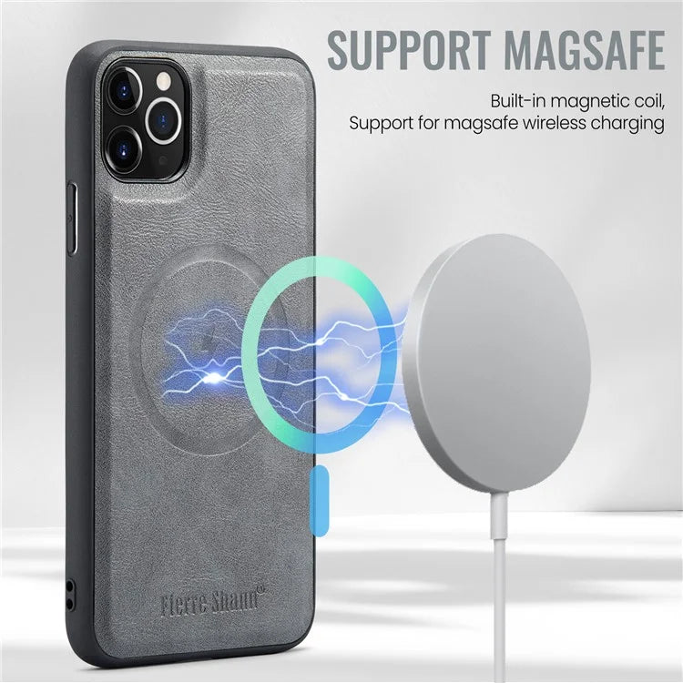 FIERRE SHANN 025 Style For iPhone 11 Pro Max Case Leather Back Cover Magnetic Card Holder RFID Blocking