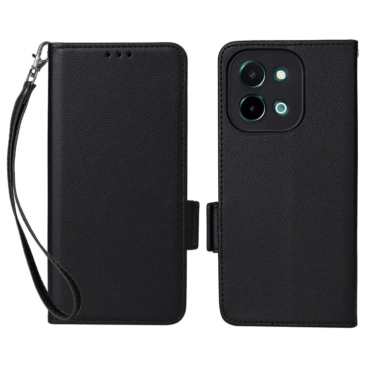 For vivo Y28 4G Shockproof Case Litchi Texture Leather Phone Cover with Strap