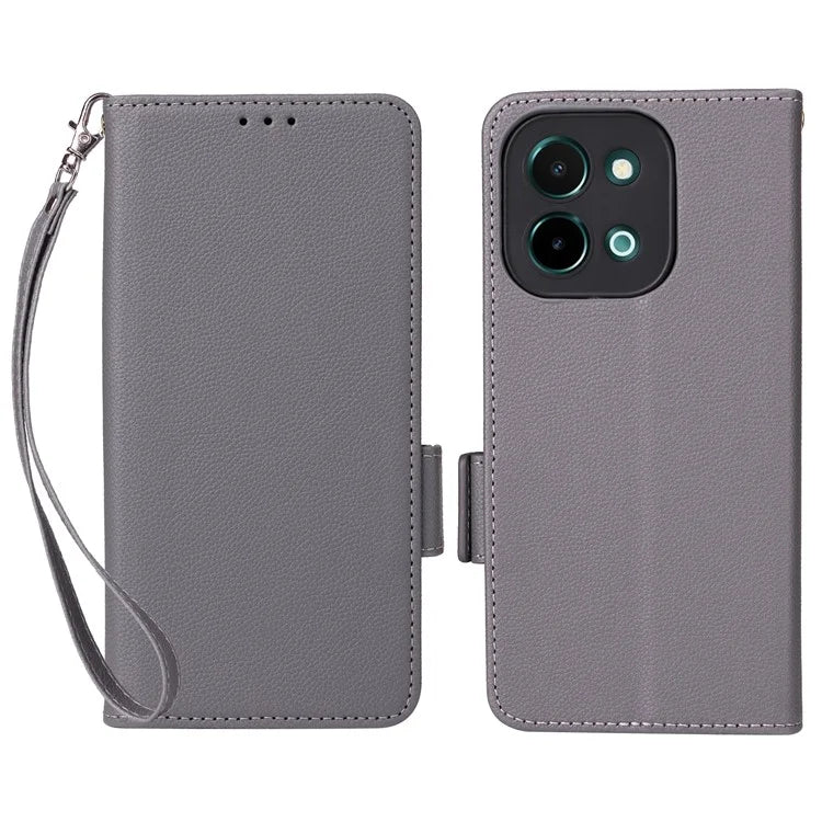 For vivo Y28 4G Shockproof Case Litchi Texture Leather Phone Cover with Strap