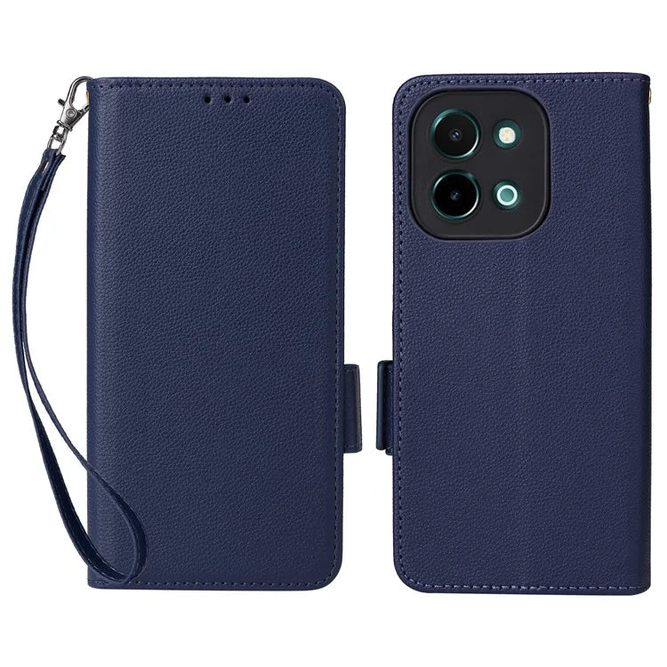For vivo Y28 4G Shockproof Case Litchi Texture Leather Phone Cover with Strap