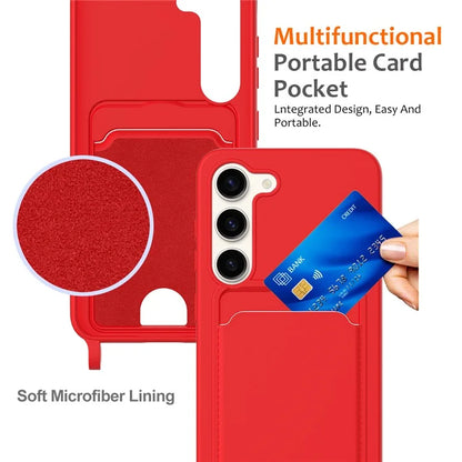 For Samsung Galaxy S23 Case Liquid Silicone Back Card Holder Phone Cover with Lanyard
