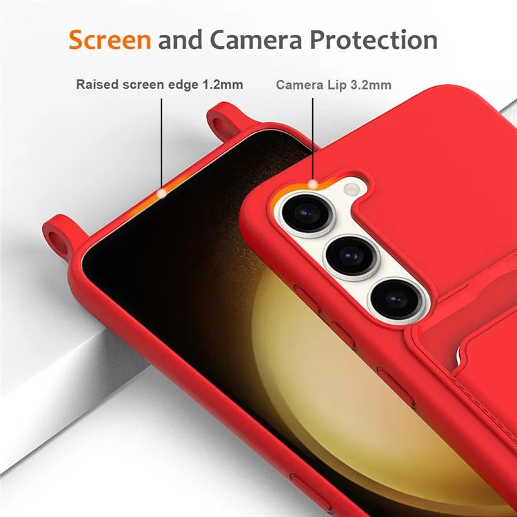 For Samsung Galaxy S23 Case Liquid Silicone Back Card Holder Phone Cover with Lanyard