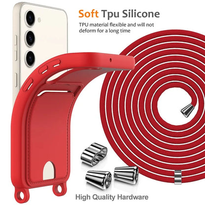 For Samsung Galaxy S23 Case Liquid Silicone Back Card Holder Phone Cover with Lanyard