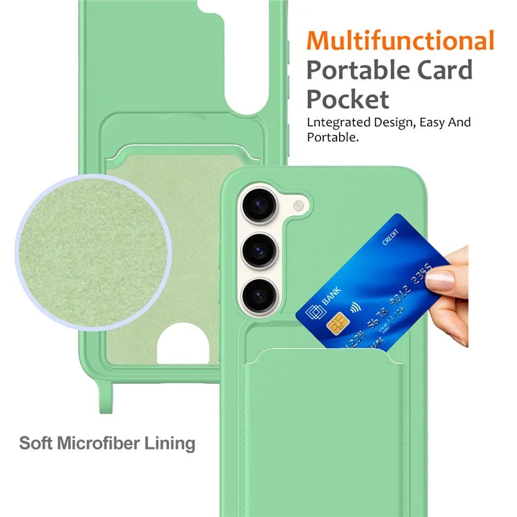 For Samsung Galaxy S23 Case Liquid Silicone Back Card Holder Phone Cover with Lanyard