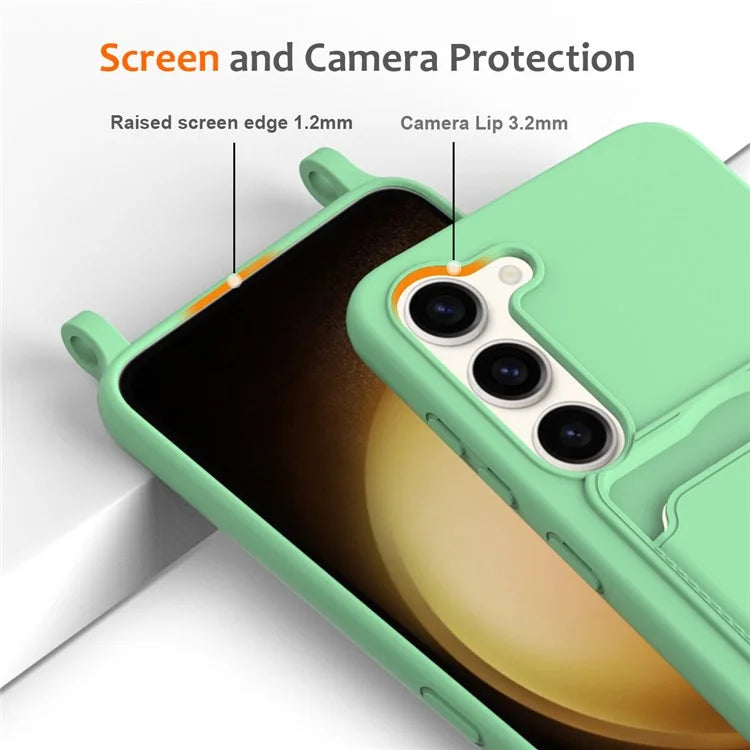 For Samsung Galaxy S23 Case Liquid Silicone Back Card Holder Phone Cover with Lanyard
