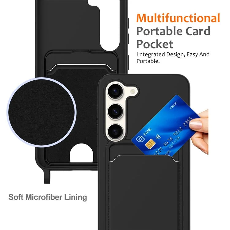 For Samsung Galaxy S23 Case Liquid Silicone Back Card Holder Phone Cover with Lanyard