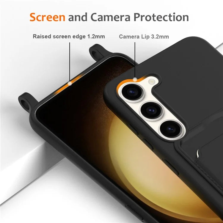 For Samsung Galaxy S23 Case Liquid Silicone Back Card Holder Phone Cover with Lanyard