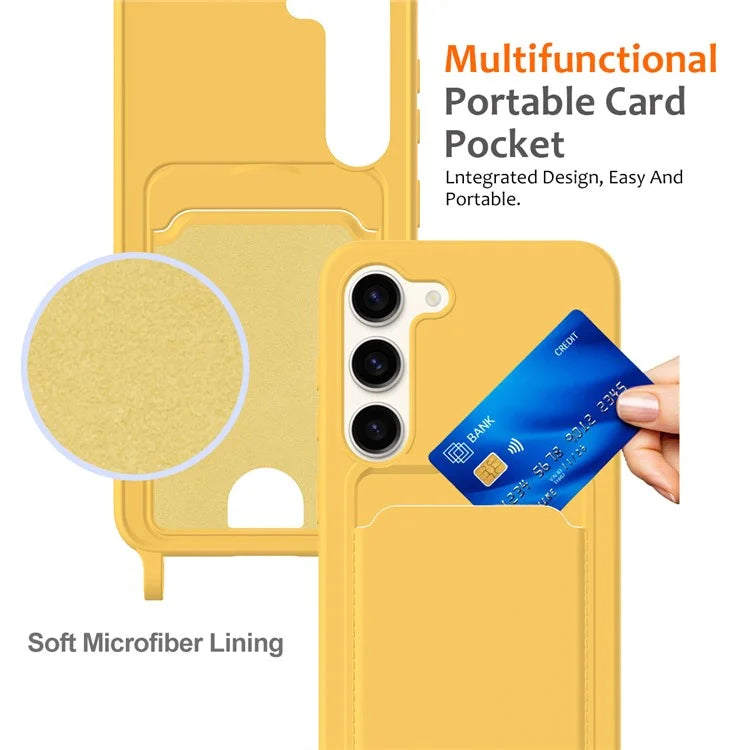 For Samsung Galaxy S23 Case Liquid Silicone Back Card Holder Phone Cover with Lanyard