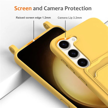 For Samsung Galaxy S23 Case Liquid Silicone Back Card Holder Phone Cover with Lanyard