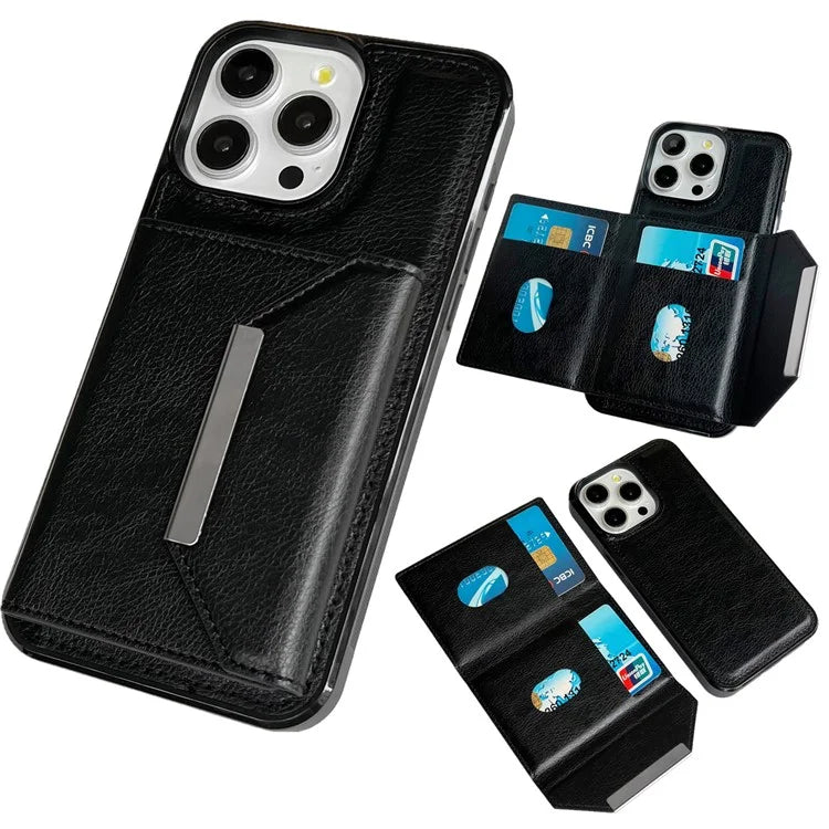 For iPhone 15 Pro Case Leather+TPU Phone Cover Card Holder Kickstand