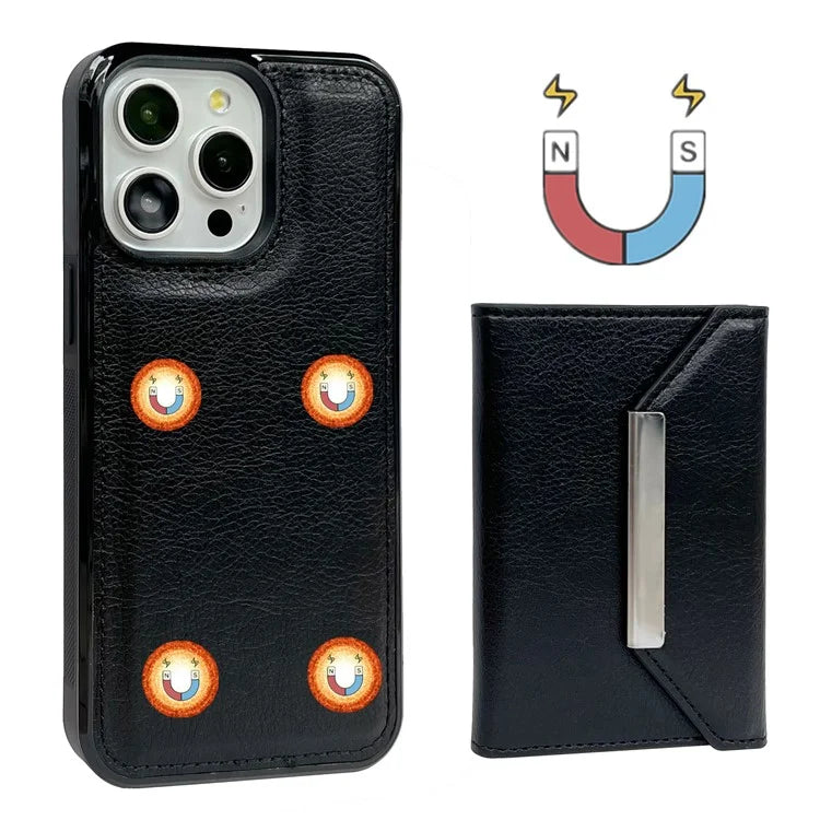 For iPhone 15 Pro Case Leather+TPU Phone Cover Card Holder Kickstand