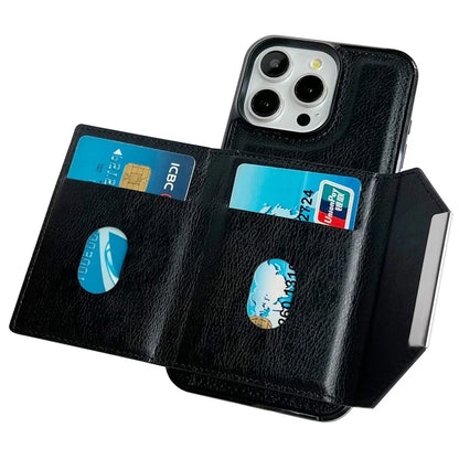 For iPhone 15 Pro Case Leather+TPU Phone Cover Card Holder Kickstand