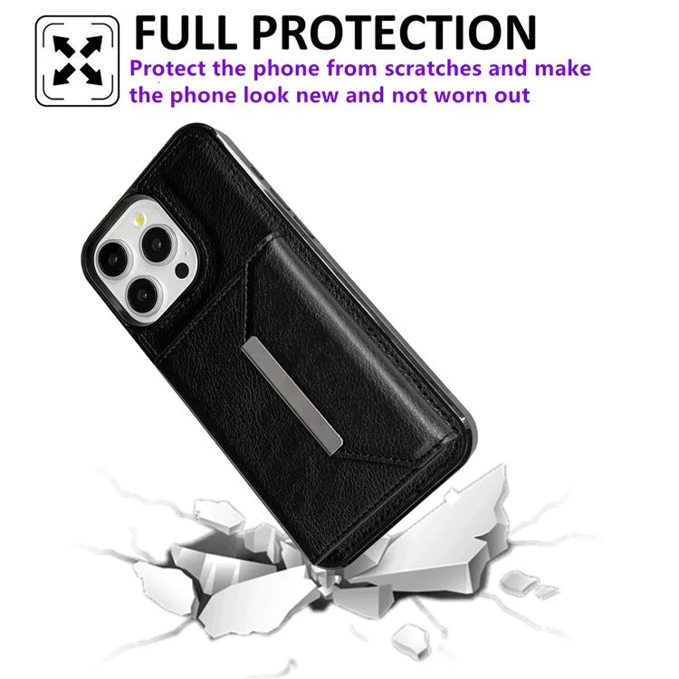 For iPhone 15 Pro Case Leather+TPU Phone Cover Card Holder Kickstand