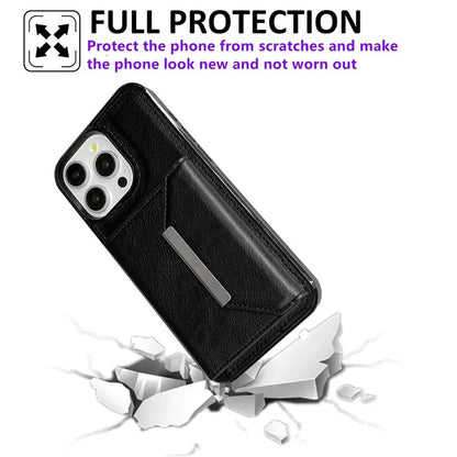 For iPhone 15 Pro Case Leather+TPU Phone Cover Card Holder Kickstand