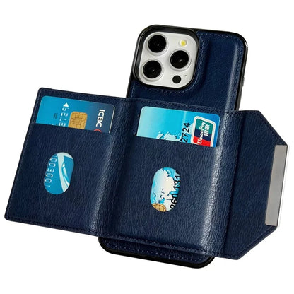 For iPhone 15 Pro Case Leather+TPU Phone Cover Card Holder Kickstand