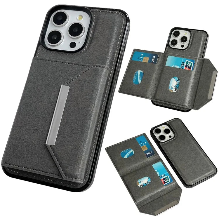 For iPhone 15 Pro Case Leather+TPU Phone Cover Card Holder Kickstand