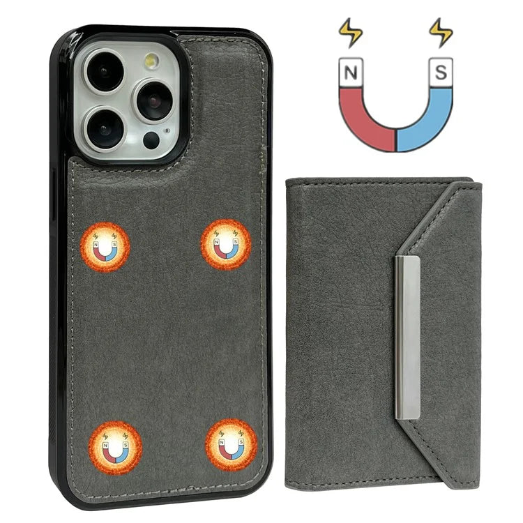For iPhone 15 Pro Case Leather+TPU Phone Cover Card Holder Kickstand