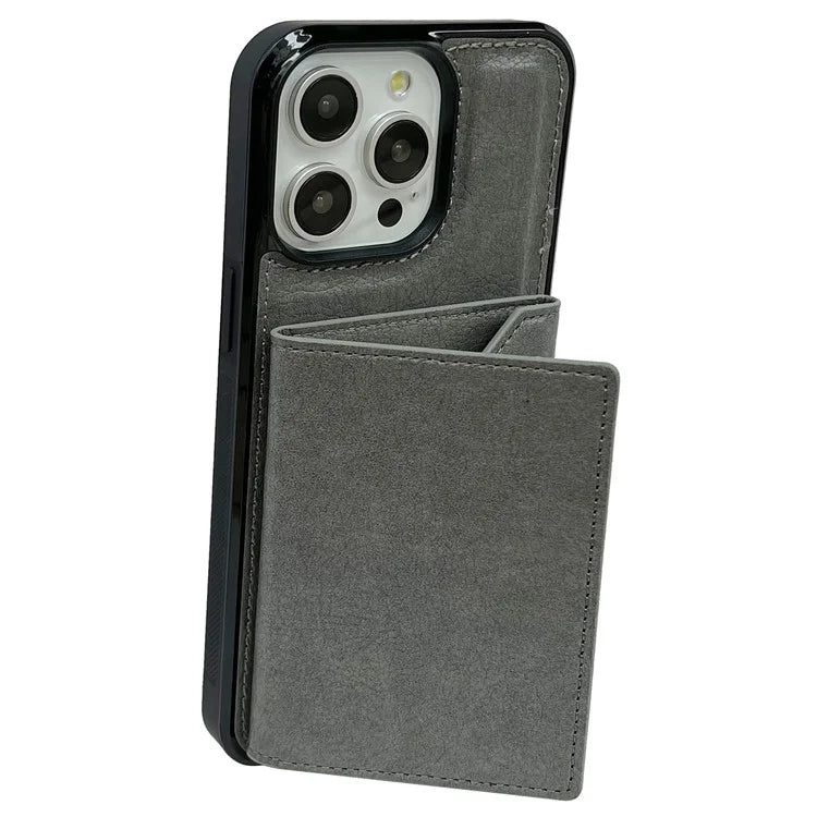 For iPhone 15 Pro Case Leather+TPU Phone Cover Card Holder Kickstand