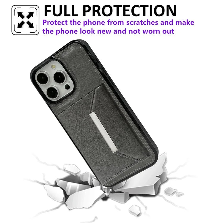 For iPhone 15 Pro Case Leather+TPU Phone Cover Card Holder Kickstand