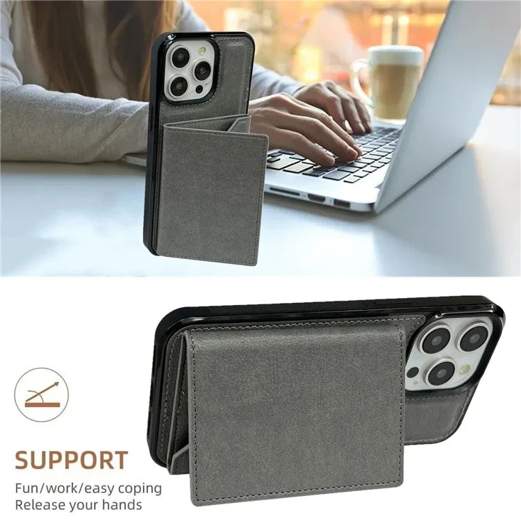 For iPhone 15 Pro Case Leather+TPU Phone Cover Card Holder Kickstand