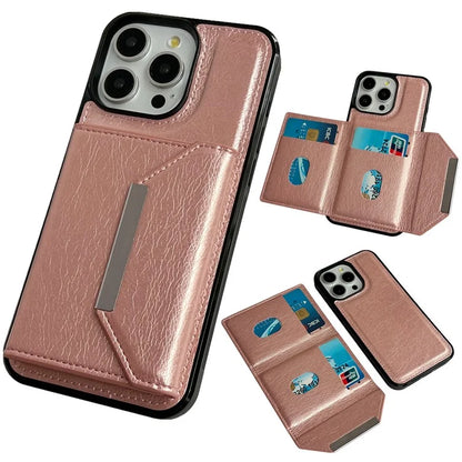 For iPhone 15 Pro Case Leather+TPU Phone Cover Card Holder Kickstand