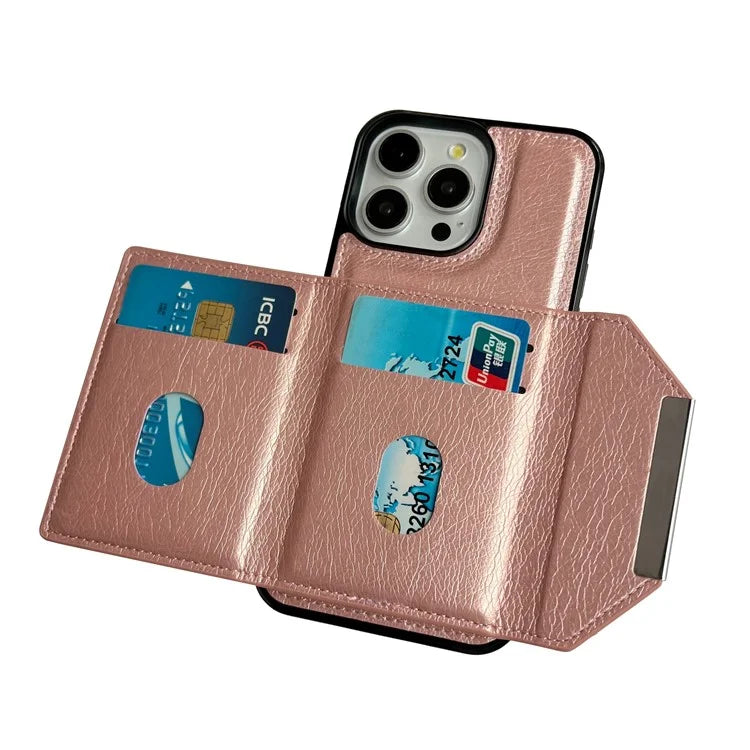 For iPhone 15 Pro Case Leather+TPU Phone Cover Card Holder Kickstand