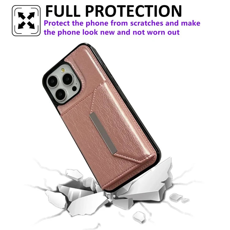 For iPhone 15 Pro Case Leather+TPU Phone Cover Card Holder Kickstand