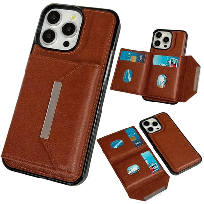 For iPhone 15 Pro Case Leather+TPU Phone Cover Card Holder Kickstand