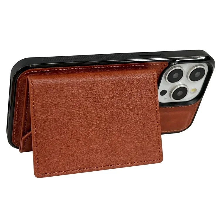 For iPhone 15 Pro Case Leather+TPU Phone Cover Card Holder Kickstand