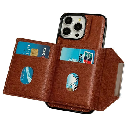 For iPhone 15 Pro Case Leather+TPU Phone Cover Card Holder Kickstand