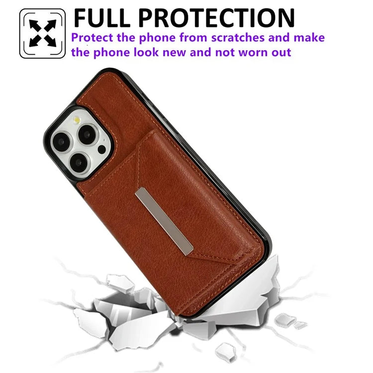 For iPhone 15 Pro Case Leather+TPU Phone Cover Card Holder Kickstand