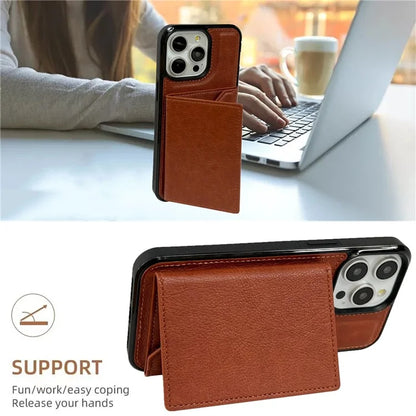 For iPhone 15 Pro Case Leather+TPU Phone Cover Card Holder Kickstand