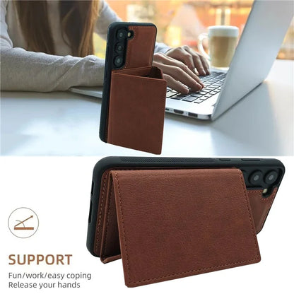 For Samsung Galaxy S22+ 5G Case Leather Phone Back Cover Detachable Card Holder Kickstand