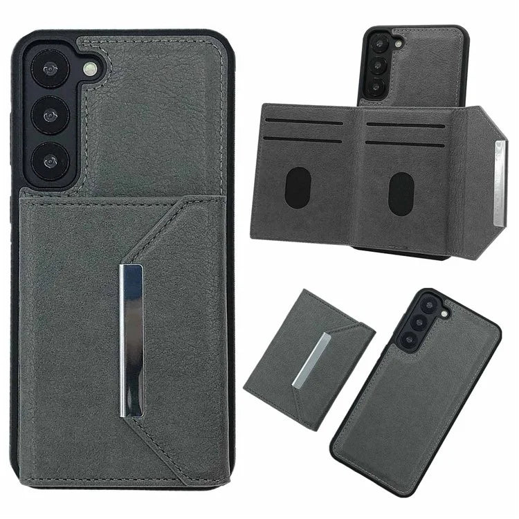 For Samsung Galaxy S22 5G Case with Detachable Card Bag Leather+TPU Phone Cover Kickstand