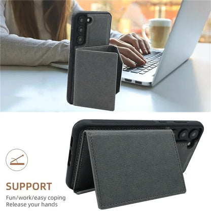 For Samsung Galaxy S22 5G Case with Detachable Card Bag Leather+TPU Phone Cover Kickstand