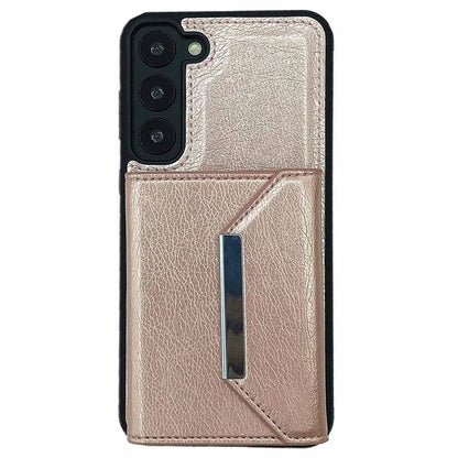 For Samsung Galaxy S22 5G Case with Detachable Card Bag Leather+TPU Phone Cover Kickstand