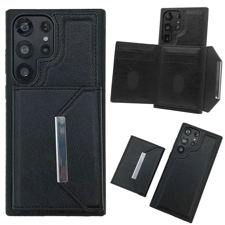 For Samsung Galaxy S22 Ultra 5G Kickstand Case PU+TPU Phone Cover with Card Bag