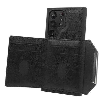 For Samsung Galaxy S22 Ultra 5G Kickstand Case PU+TPU Phone Cover with Card Bag