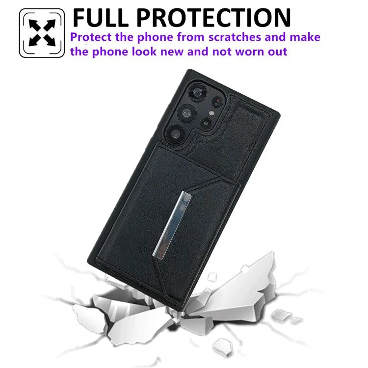 For Samsung Galaxy S22 Ultra 5G Kickstand Case PU+TPU Phone Cover with Card Bag