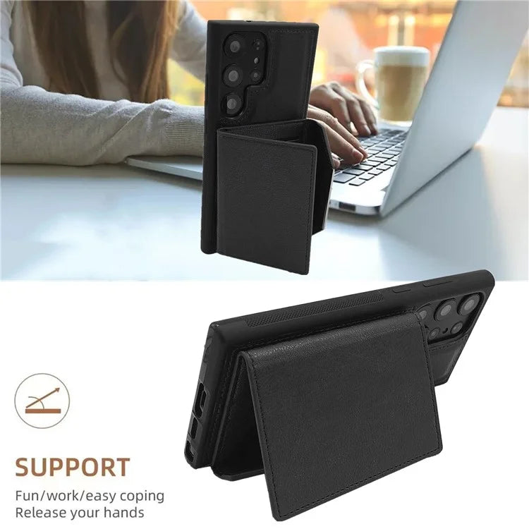 For Samsung Galaxy S22 Ultra 5G Kickstand Case PU+TPU Phone Cover with Card Bag