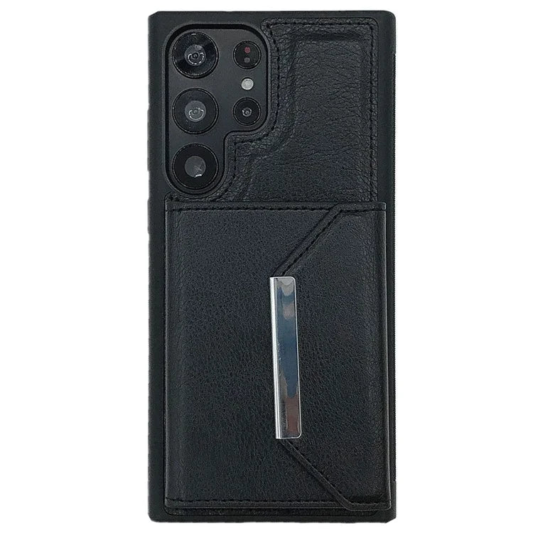 For Samsung Galaxy S22 Ultra 5G Kickstand Case PU+TPU Phone Cover with Card Bag