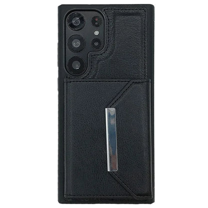 For Samsung Galaxy S22 Ultra 5G Kickstand Case PU+TPU Phone Cover with Card Bag