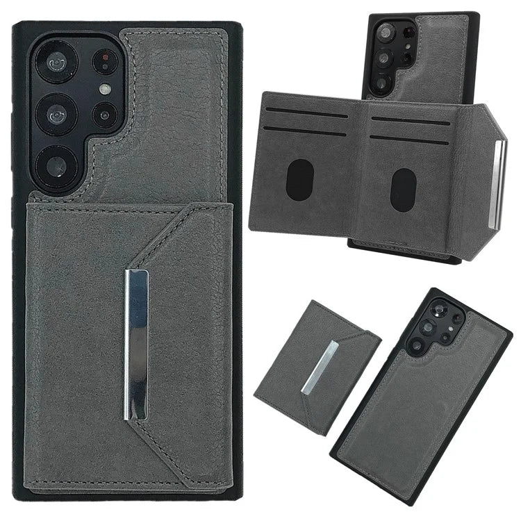 For Samsung Galaxy S22 Ultra 5G Kickstand Case PU+TPU Phone Cover with Card Bag