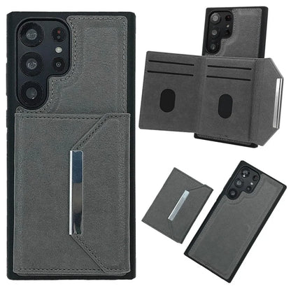 For Samsung Galaxy S22 Ultra 5G Kickstand Case PU+TPU Phone Cover with Card Bag
