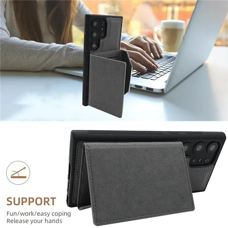 For Samsung Galaxy S22 Ultra 5G Kickstand Case PU+TPU Phone Cover with Card Bag