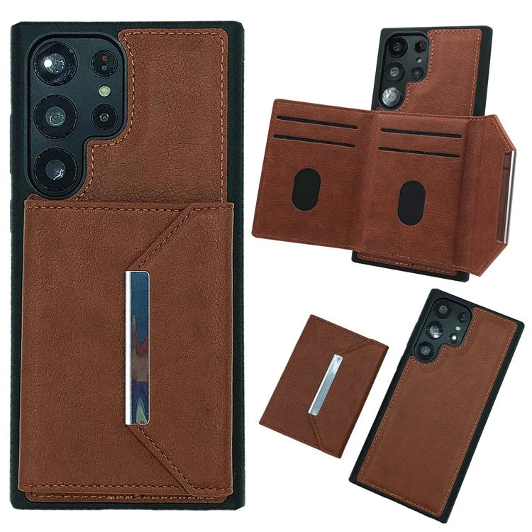 For Samsung Galaxy S22 Ultra 5G Kickstand Case PU+TPU Phone Cover with Card Bag