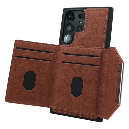 For Samsung Galaxy S22 Ultra 5G Kickstand Case PU+TPU Phone Cover with Card Bag