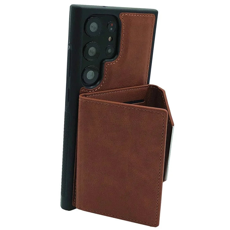 For Samsung Galaxy S22 Ultra 5G Kickstand Case PU+TPU Phone Cover with Card Bag